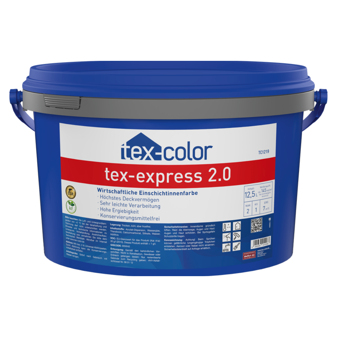 Tex-Color Tex-Express 2.0 – 12,5 L | Schnelltrocknende Dispersionsfarbe mit hoher Deckkraft