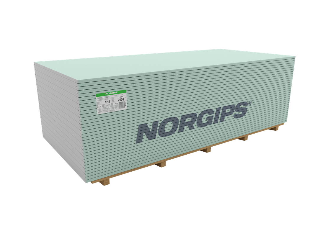 Norgips S GKBI 12,5 mm Typ H2 – Feuchtigkeitsresistente Gipskartonplatte
